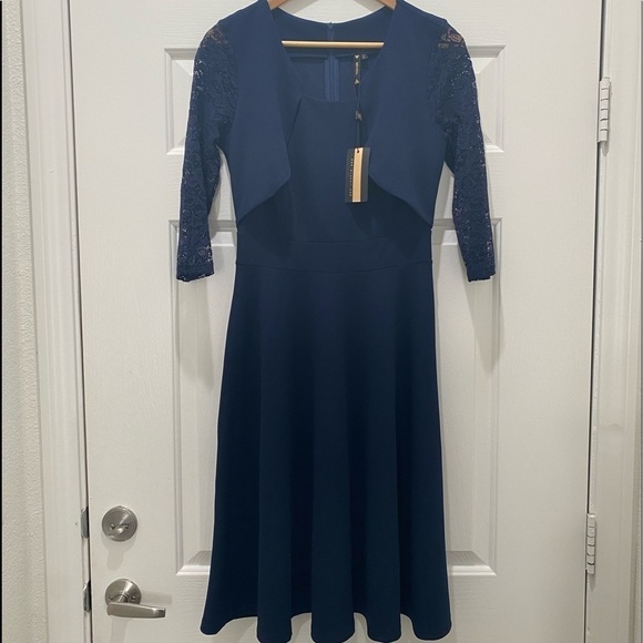 NEW WITH TAGS Navy Blue Dress with Lace Sleeves, Dainty Lace size Medium - Picture 5 of 11